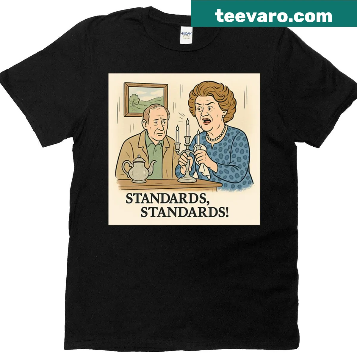 Fan art T-shirt featuring Hyacinth Bucket character design. — on a men's t-shirt