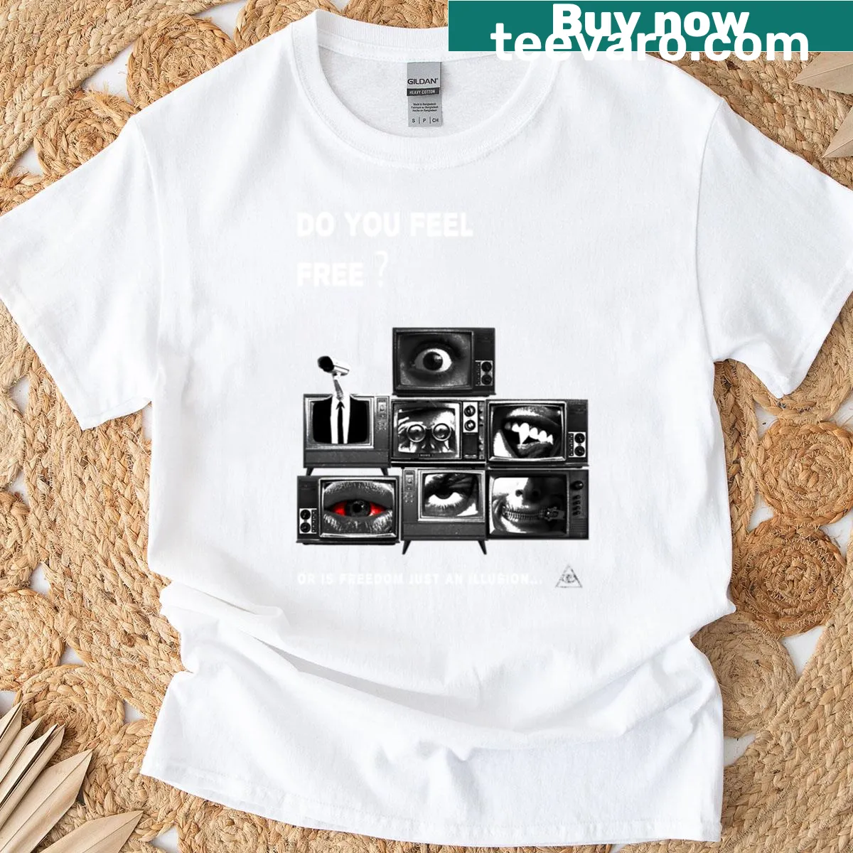 T-shirt with the phrase 'Do You Feel Free?' in bold typography — on a men's t-shirt