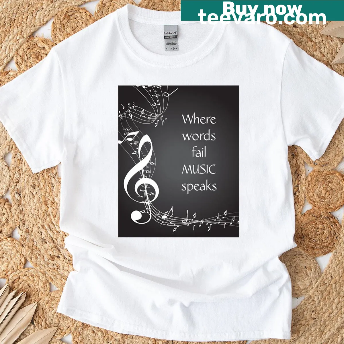 Inspirational t-shirt with a quote about music in stylish typography — on a men's t-shirt
