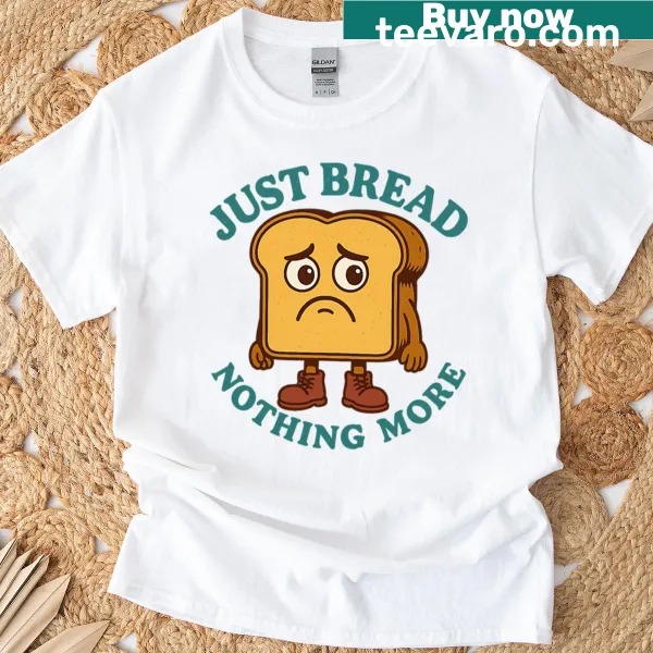 Funny T-shirt with a cartoon of a sad slice of bread in boots