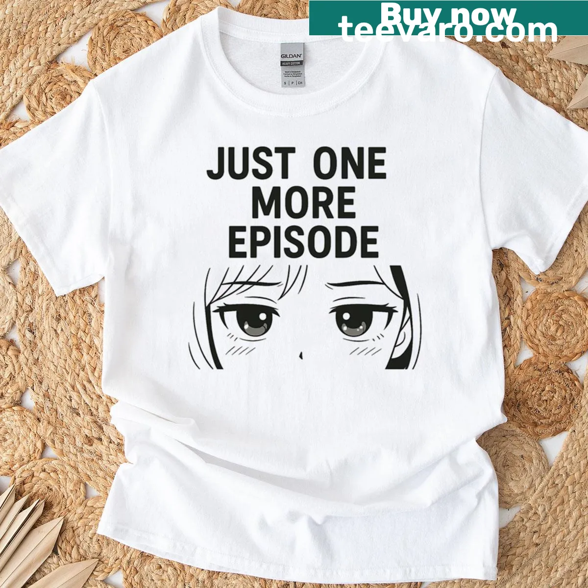 Anime-themed shirt with the phrase 'Just One More Episode' in playful typography — on a men's t-shirt
