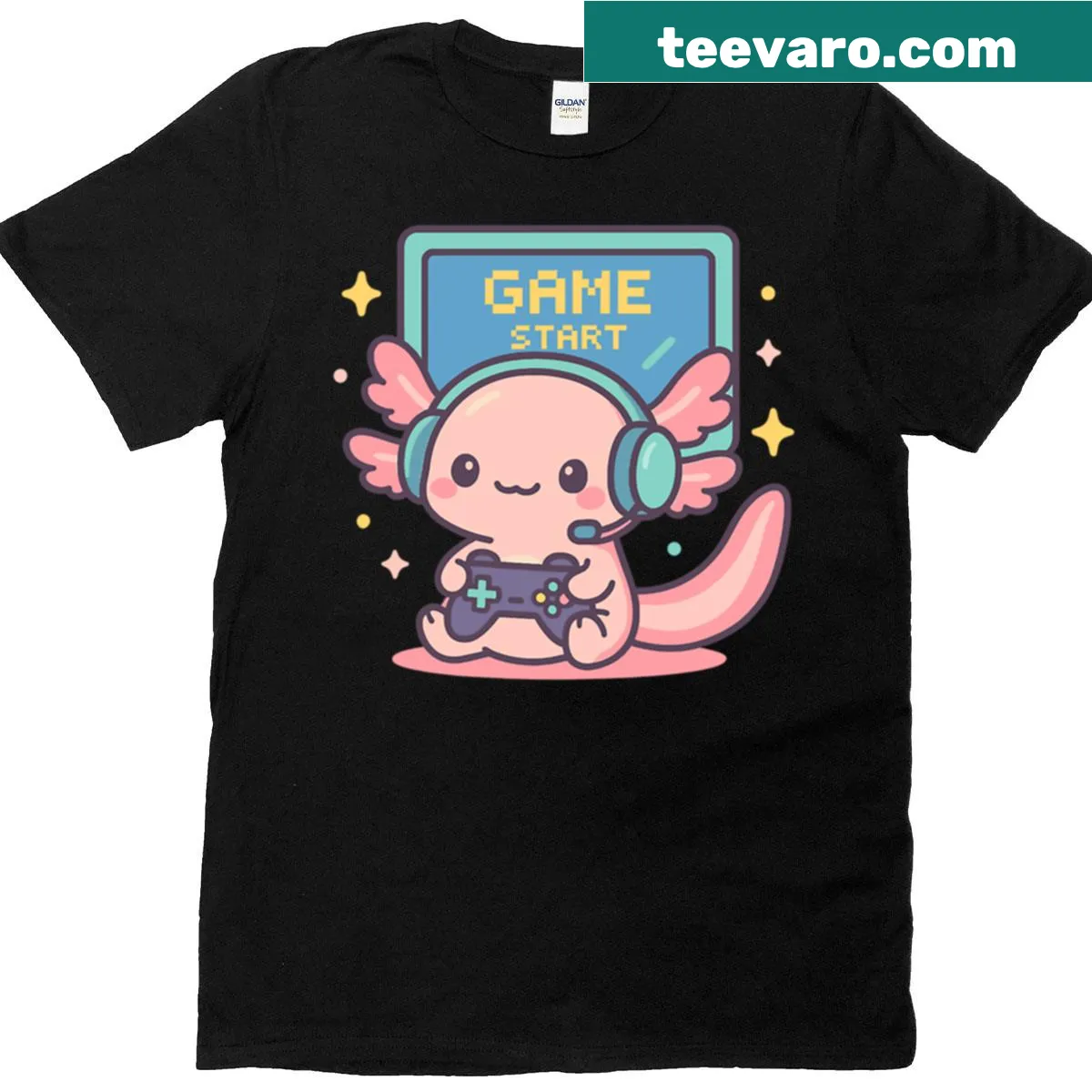Cartoon axolotl graphic on a gamer t-shirt — on a men's t-shirt