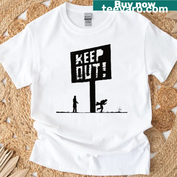 Bold 'Keep Out' text design on a casual t-shirt