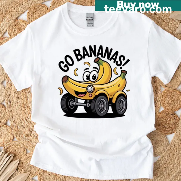 Cartoon graphic of cheerful bananas on a kids' T-shirt