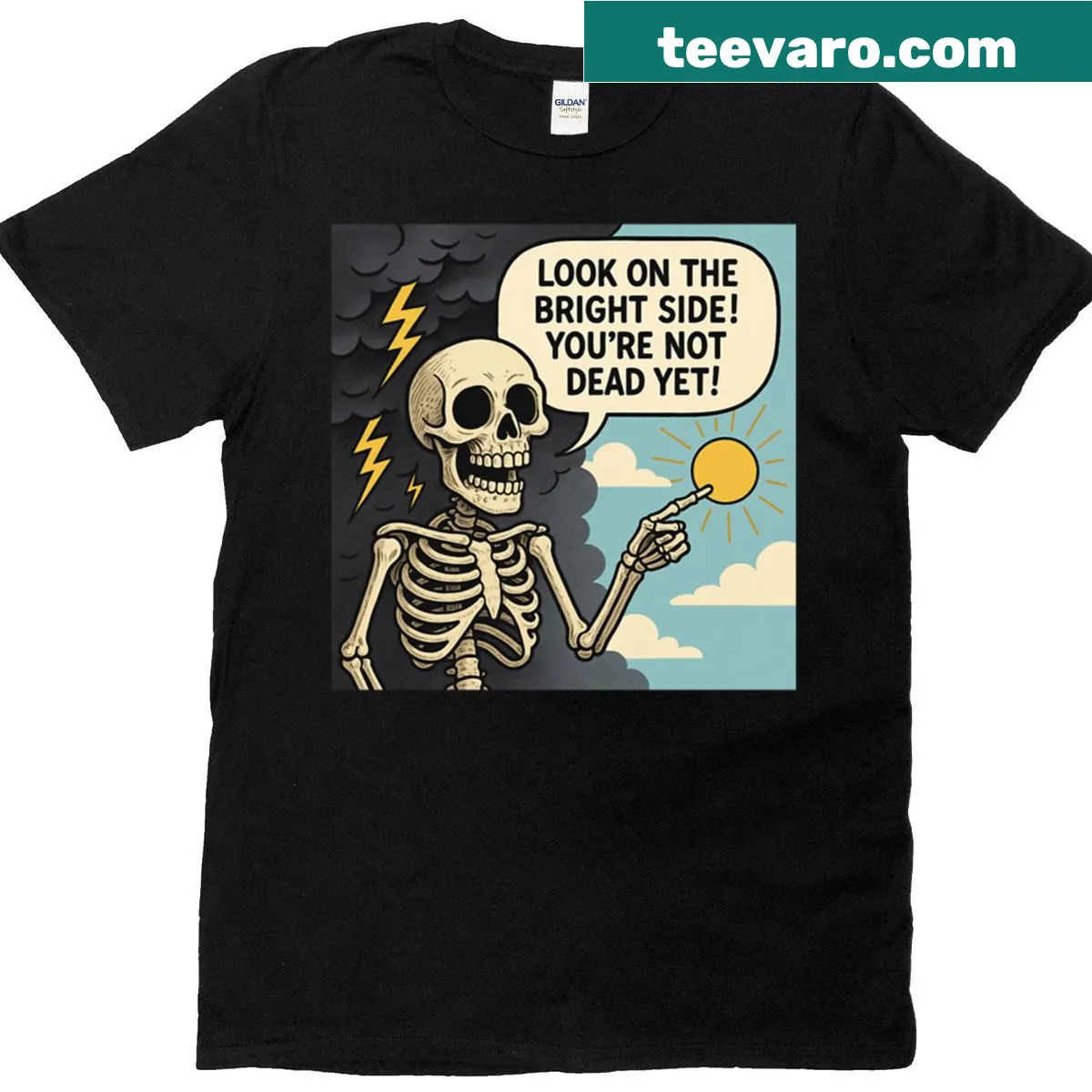 Cartoon T-shirt with dark humor text about life's challenges — on a men's t-shirt