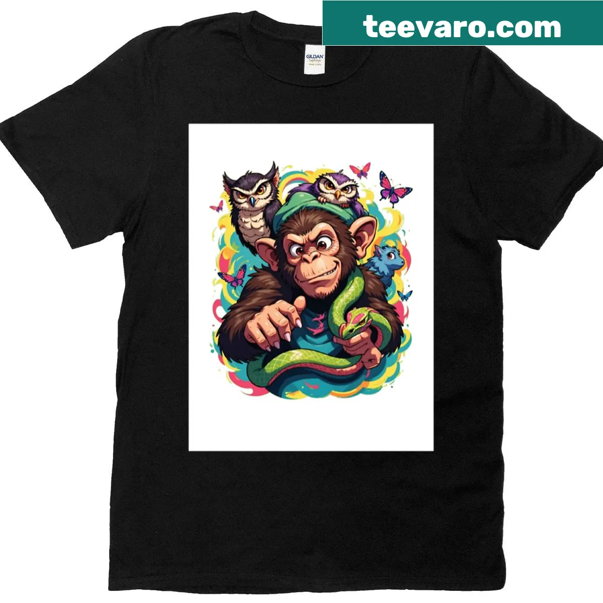 Cartoon-style oversized t-shirt featuring a mischievous monkey and friends — on a men's t-shirt
