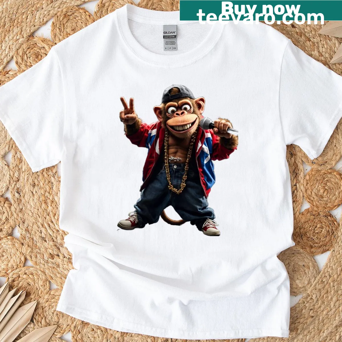Cartoon monkey t-shirt with a hip-hop theme and rapper outfit — on a men's t-shirt