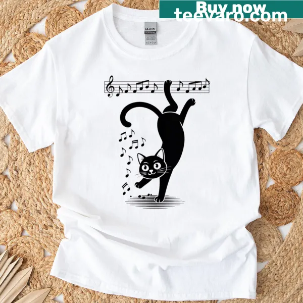 Illustration of a kitty with musical notes on an oversized T-shirt