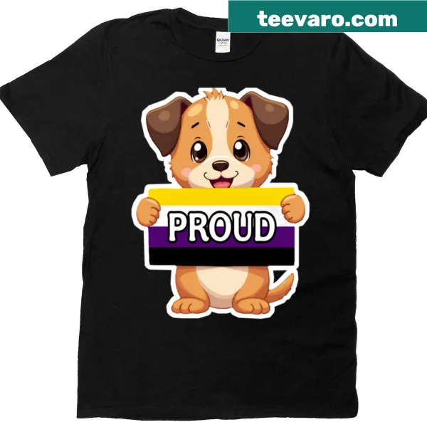Cute puppy design representing non-binary pride on a t-shirt.