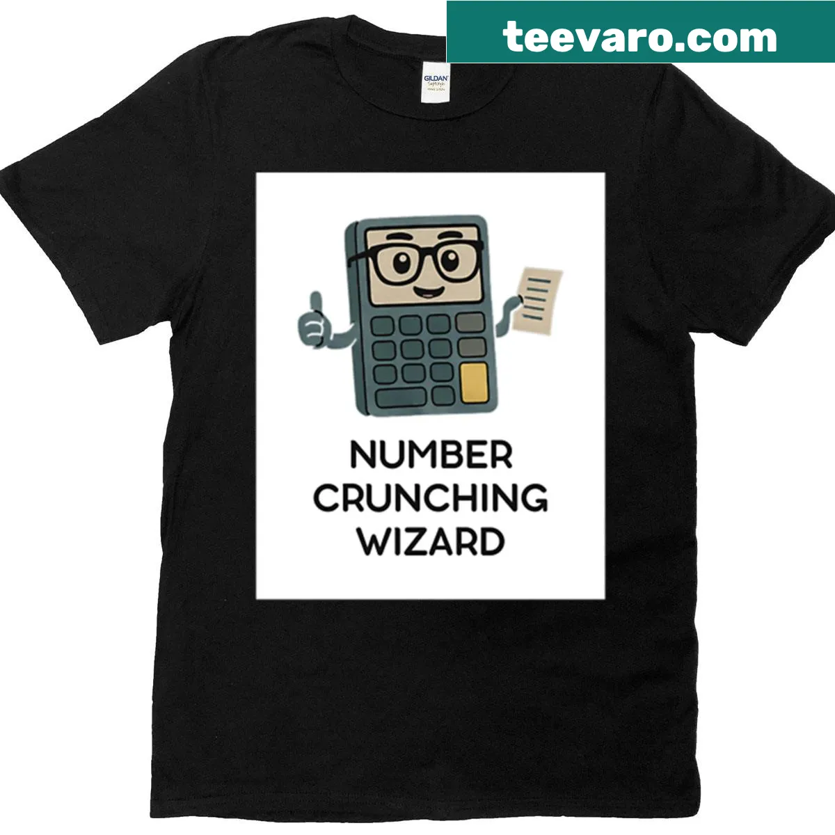 T-shirt with 'Number Crunching Wizard' text in playful typography — on a men's t-shirt
