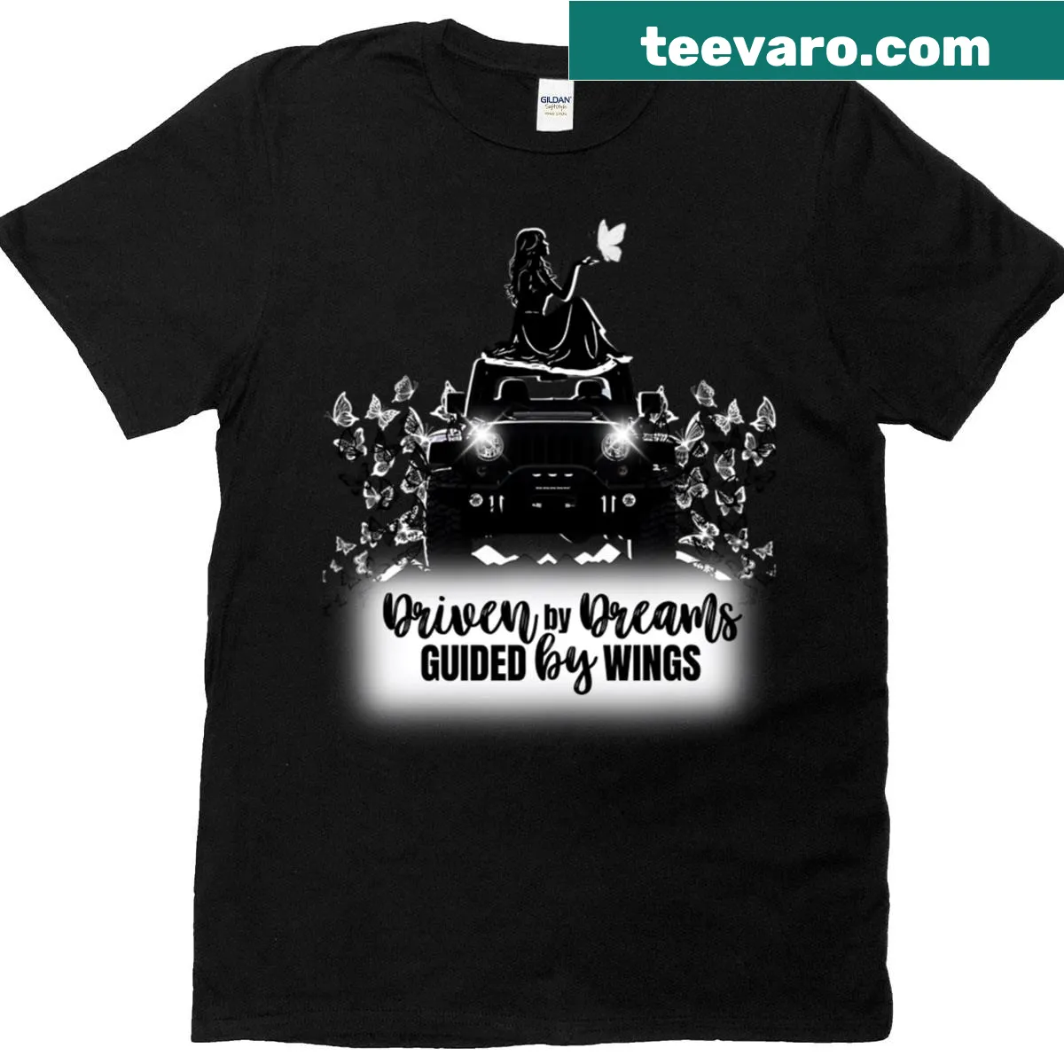 Illustration of a girl on a 4x4 surrounded by butterflies on a t-shirt. — on a men's t-shirt
