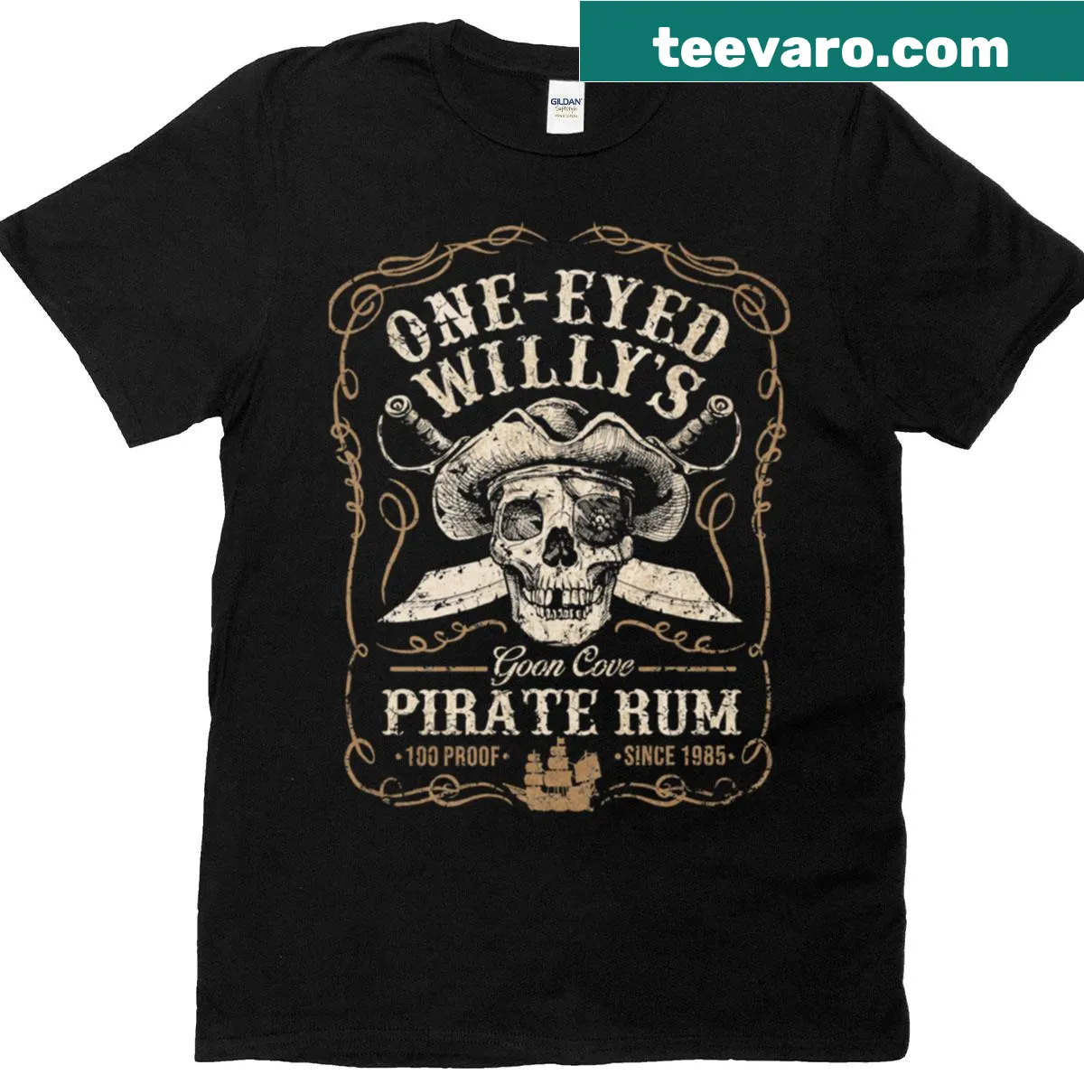 Playful T-shirt featuring One Eyed Willy's Goon Cove pirate design — on a men's t-shirt