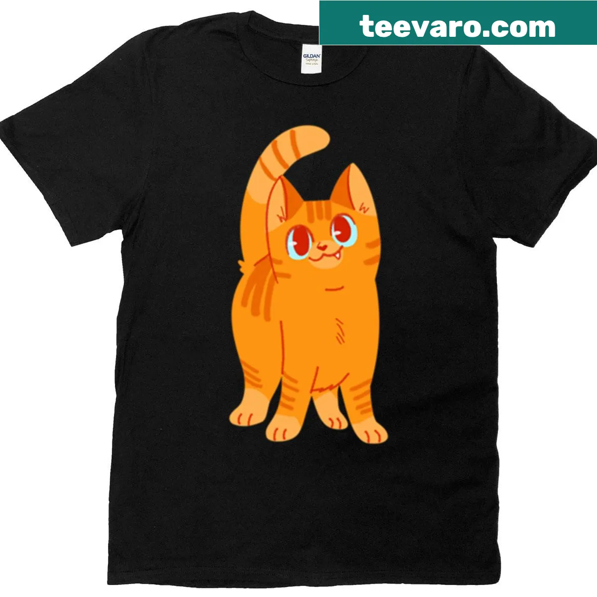 Cartoon cat graphic on an orange t-shirt — on a men's t-shirt