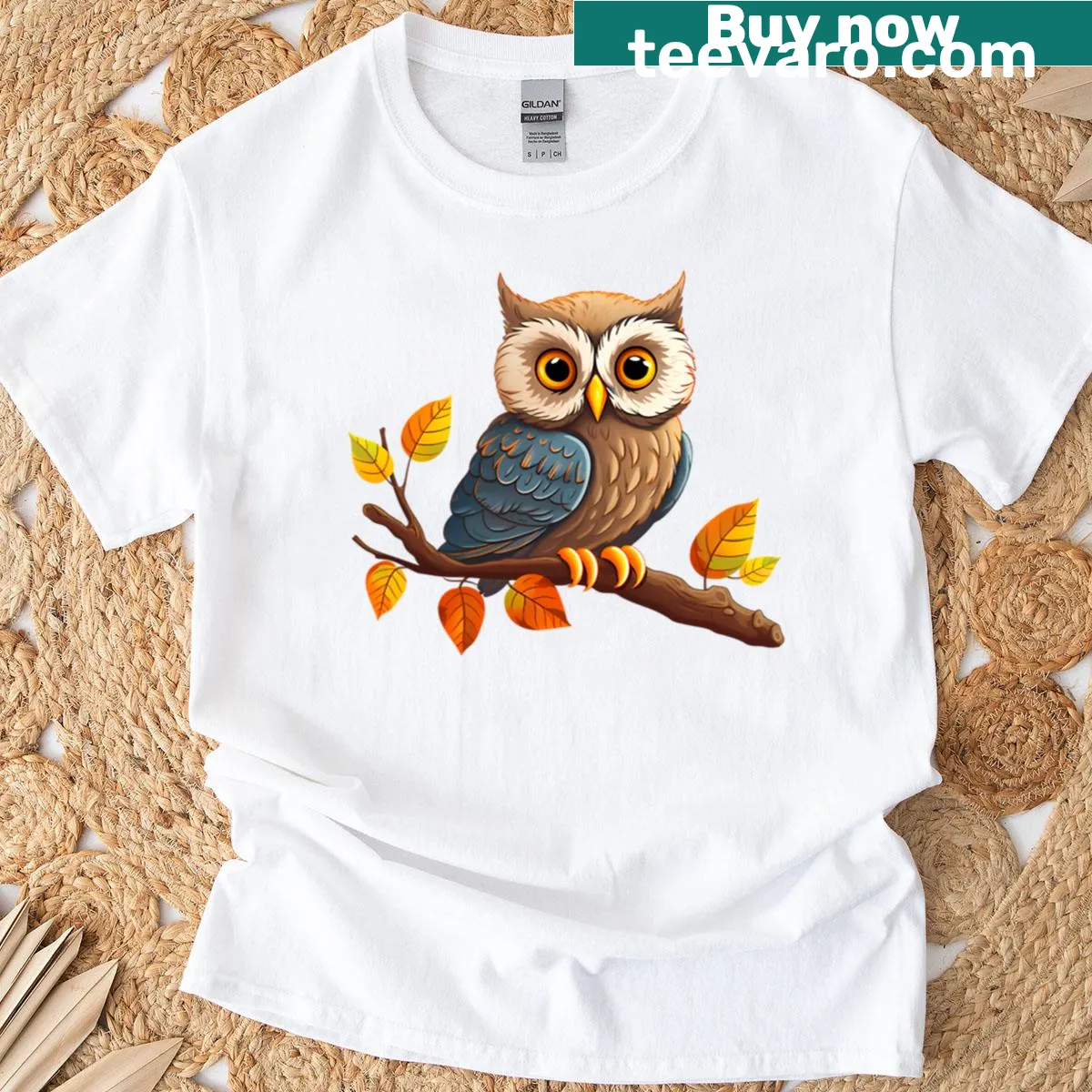 Illustration of an owl sitting on a branch on a t-shirt — on a men's t-shirt