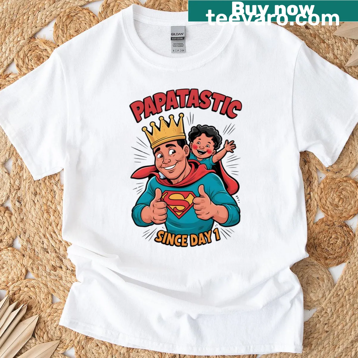 Funny cartoon design of a dad and child in superhero attire — on a men's t-shirt