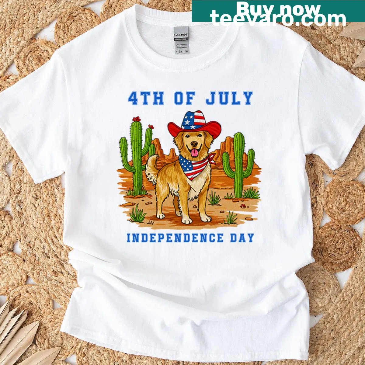 Illustrated patriotic dog celebrating 4th of July on T-shirt — on a men's t-shirt