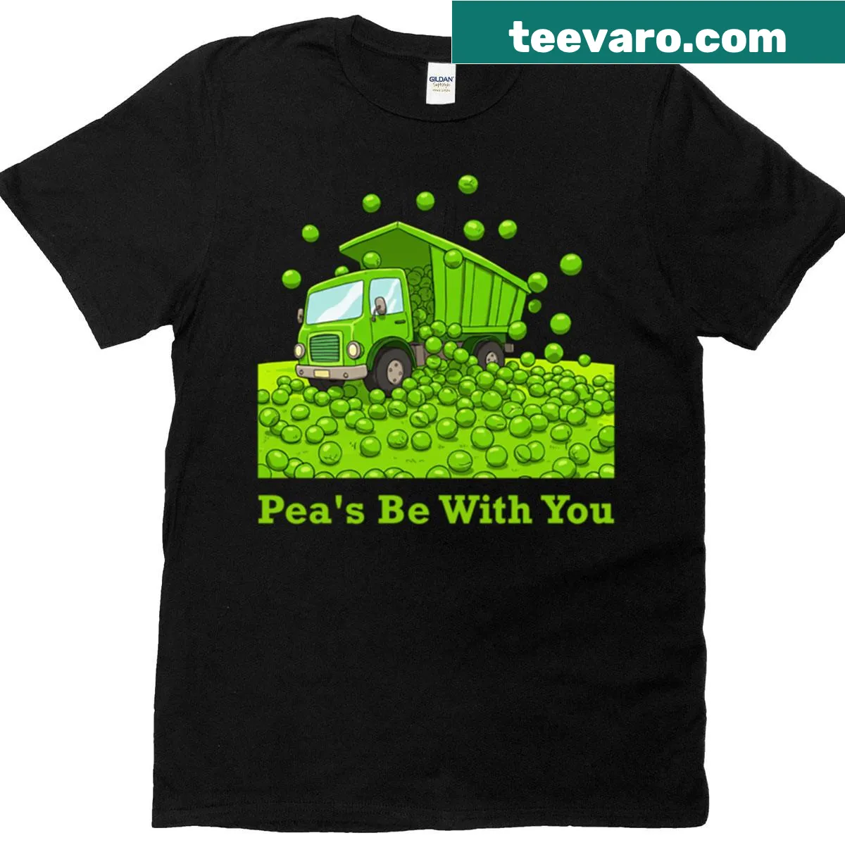 Funny vegetable pun t-shirt with the phrase 'Peas Be With You' — on a men's t-shirt