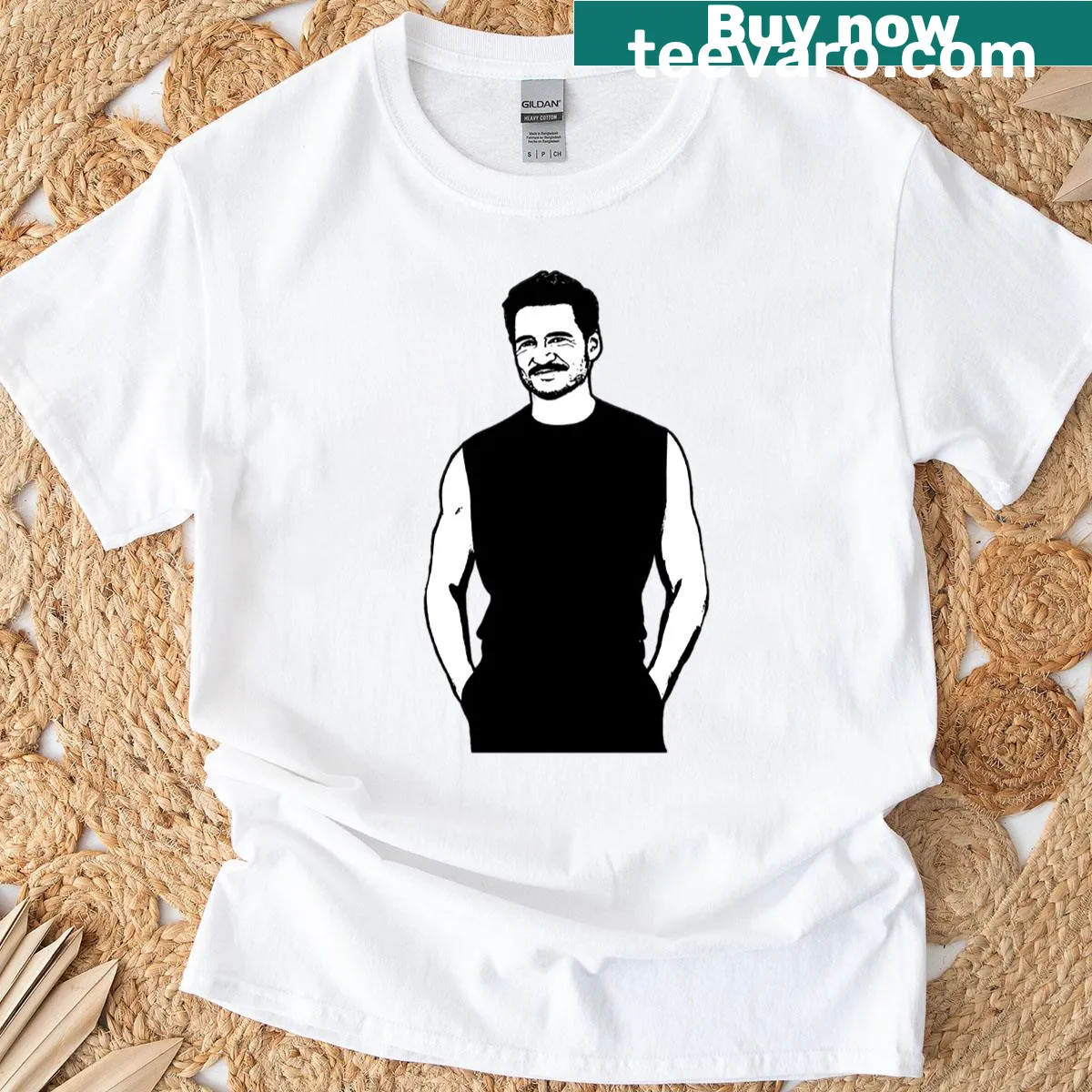 Minimalist outline design of Pedro Pascal on a t-shirt — on a men's t-shirt