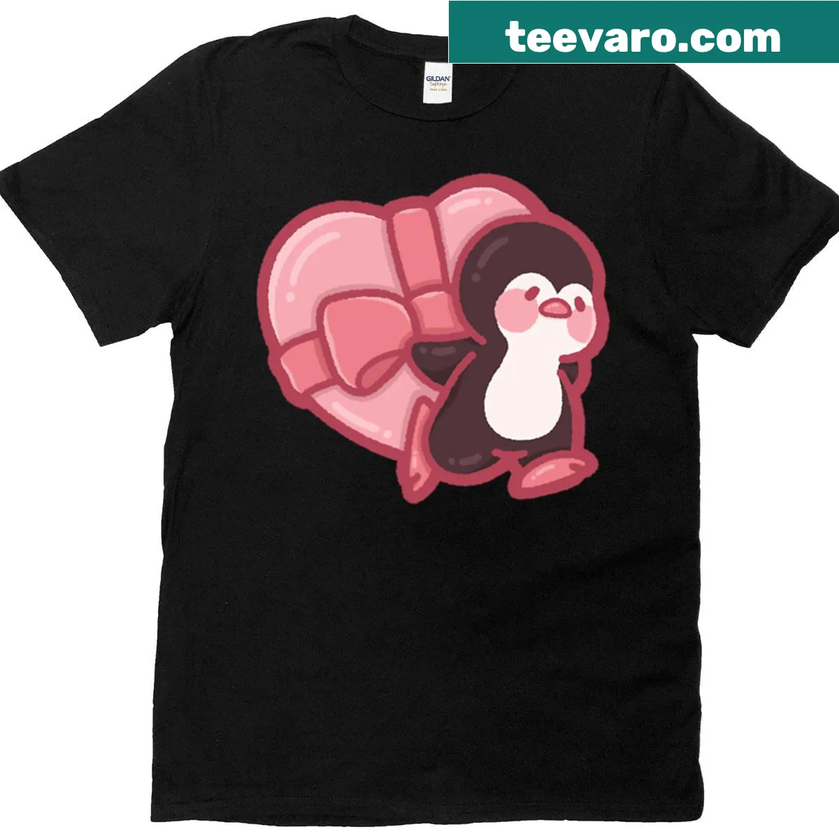 Cute penguin carrying a heart-shaped gift box graphic — on a men's t-shirt