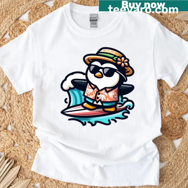 Oversized T-shirt with a whimsical penguin surfing graphic