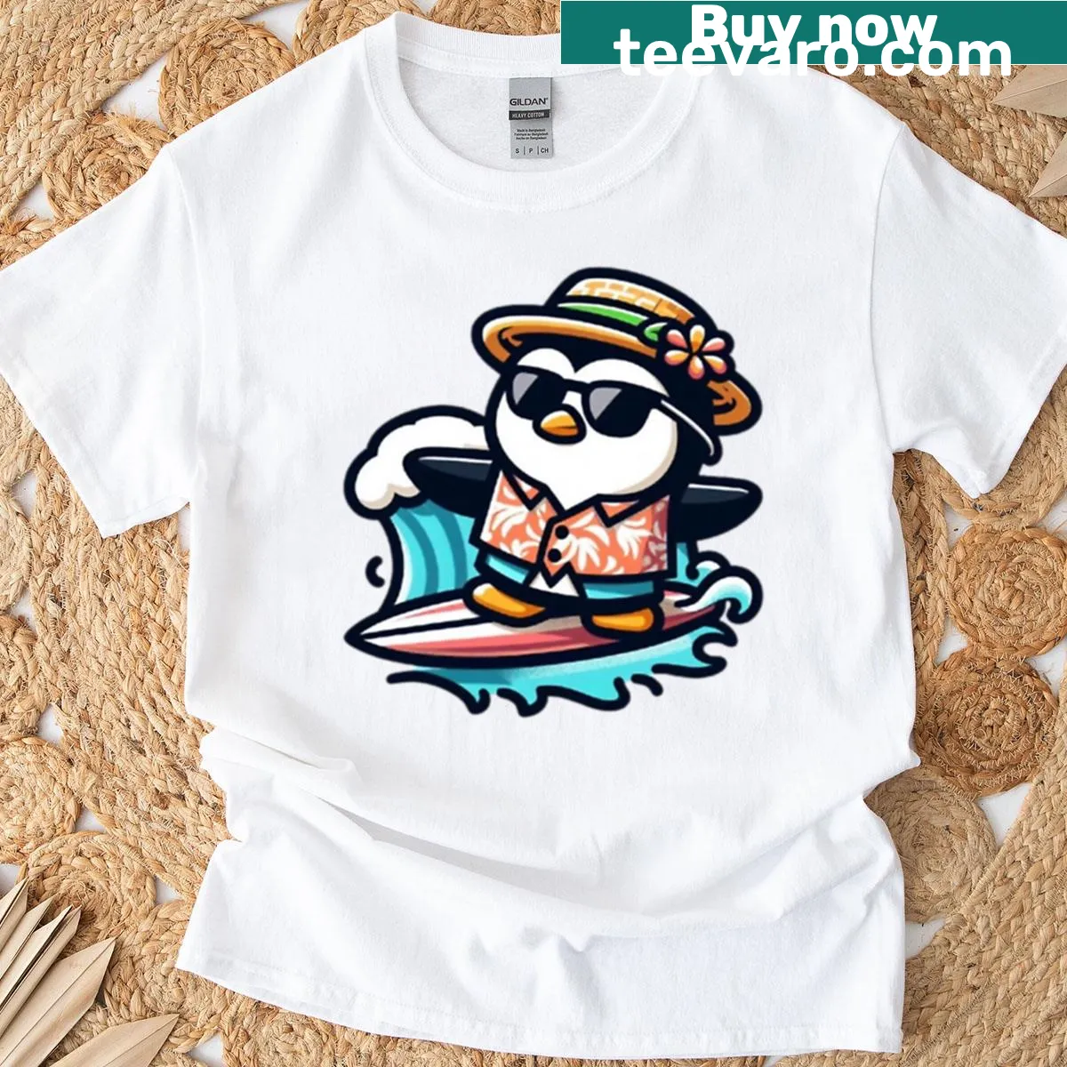 Oversized T-shirt with a whimsical penguin surfing graphic — on a men's t-shirt