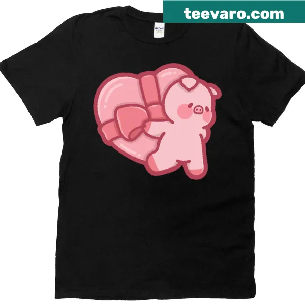 Cute pig holding a heart-shaped gift box illustration on t-shirt