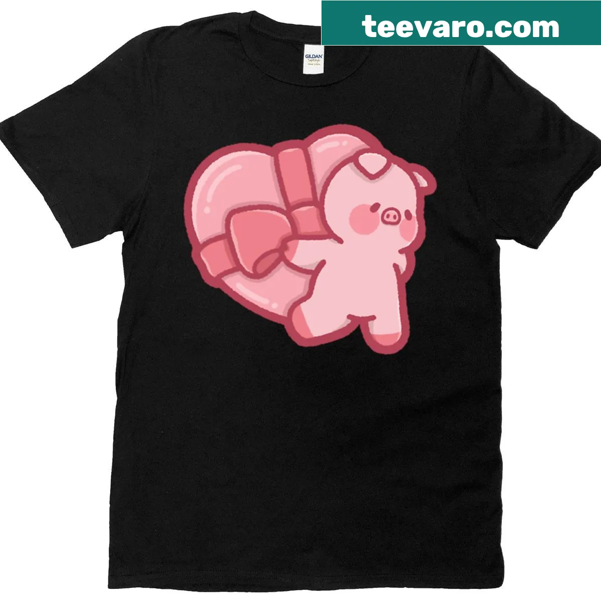 Cute pig holding a heart-shaped gift box illustration on t-shirt — on a men's t-shirt