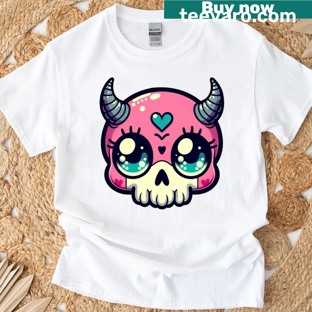Kawaii pink demon skull graphic on an oversized T-shirt — on a men's t-shirt