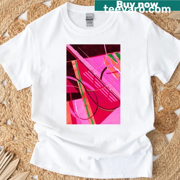 T-shirt featuring an abstract pink and green paper collage design