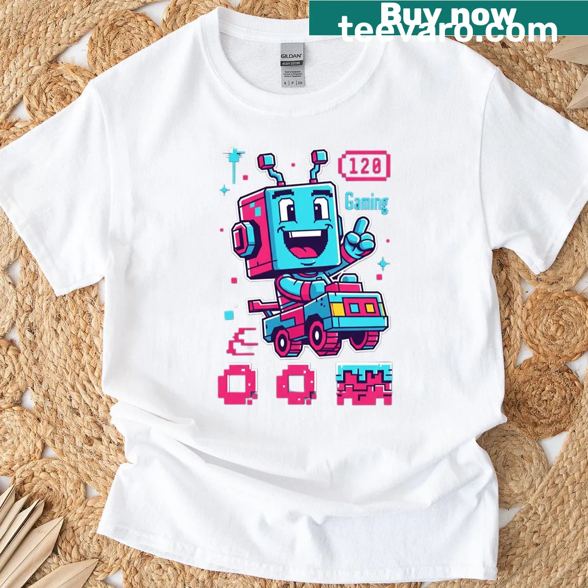Pixel art robot graphic on a gamer T-shirt — on a men's t-shirt