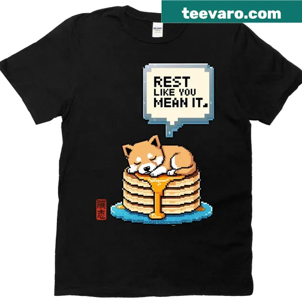 Funny t-shirt with a pixelated Shiba Inu and a pancake