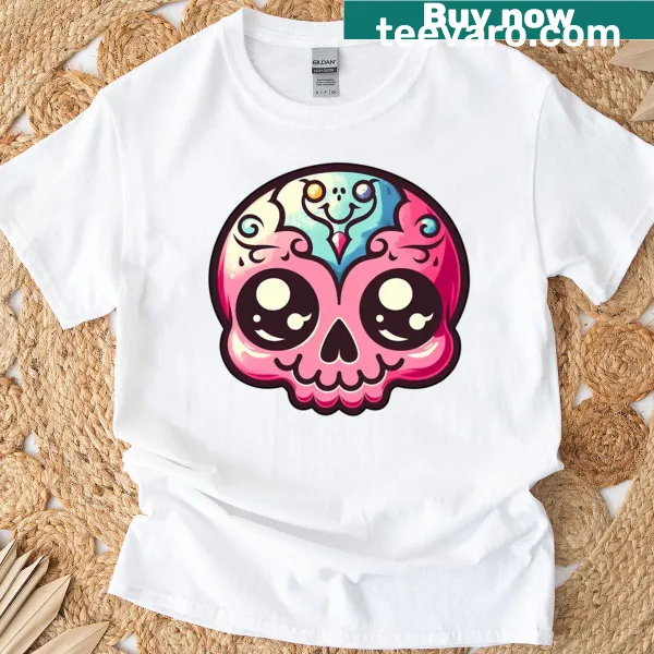 Pink kawaii skull t-shirt with cute oversized eyes and a smile