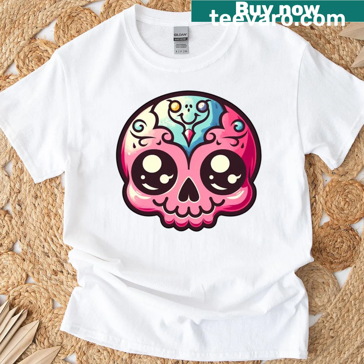 Pink kawaii skull t-shirt with cute oversized eyes and a smile — on a men's t-shirt