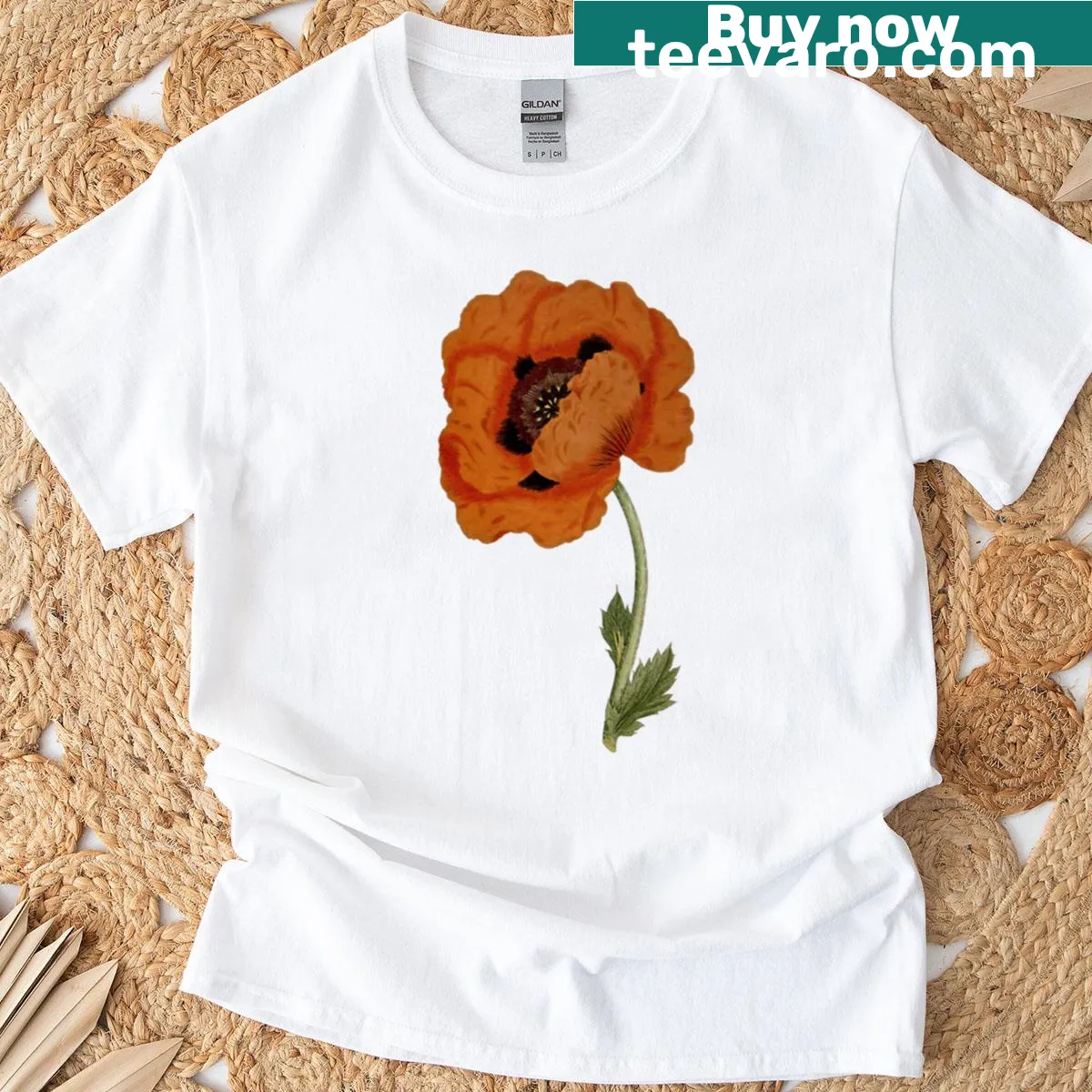 Stylized poppy graphic on a minimalist boxy t-shirt — on a men's t-shirt