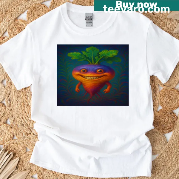 Psychedelic turnip illustration on a playful T-shirt