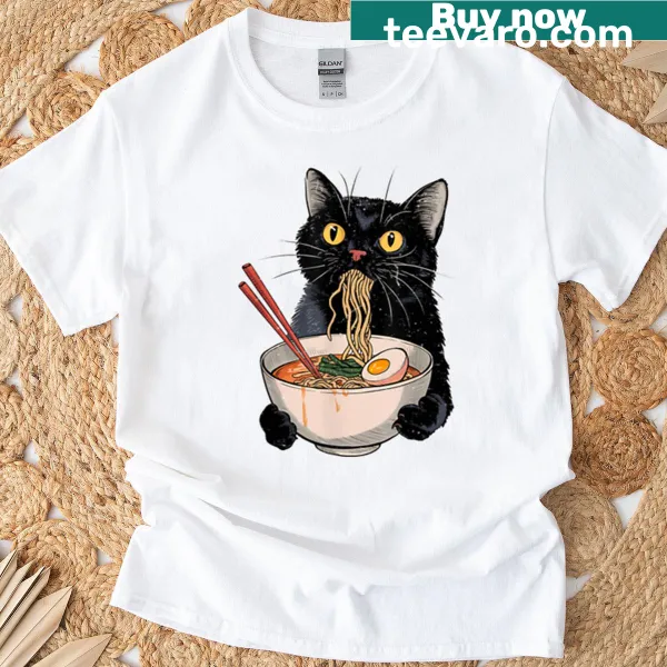 Cute ramen and cat illustration on a t-shirt.