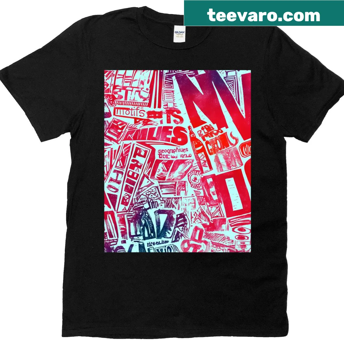 Urban collage art graphic featuring red and blue typography on a T-shirt — on a men's t-shirt