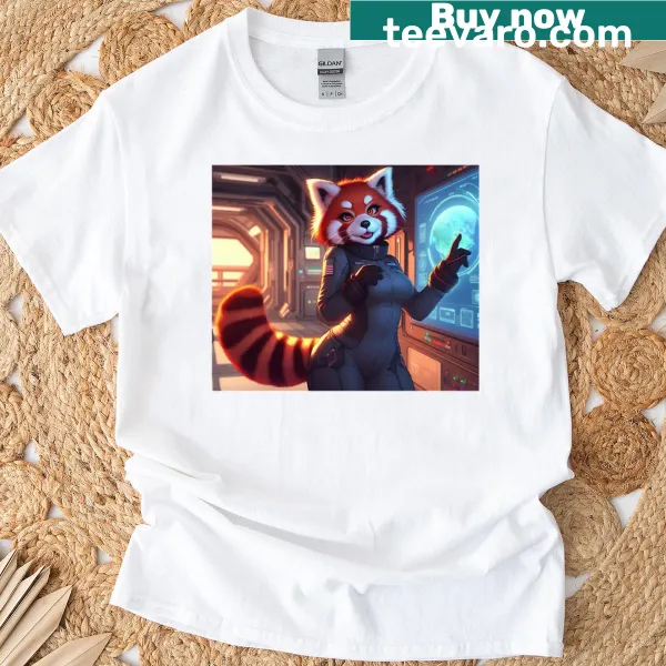 Cartoon red panda examining spatial charts on a fun T-shirt