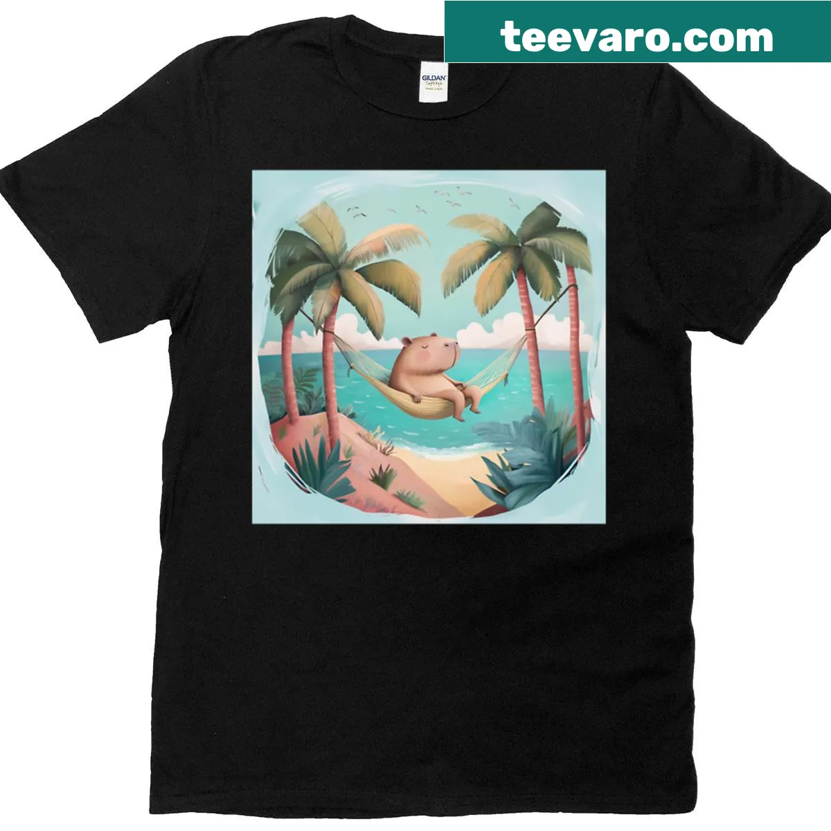 Cute illustration of a capybara relaxing on a hammock — on a men's t-shirt