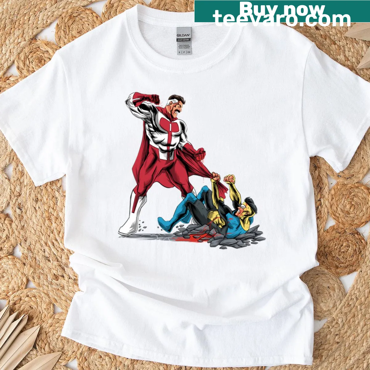 Illustrative design of heroes in action on an oversized t-shirt — on a men's t-shirt
