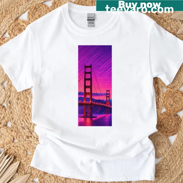 San Francisco cityscape t-shirt with neon Golden Gate Bridge illustration.