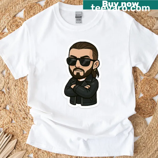 Chibi cartoon of a French rapper on a playful t-shirt