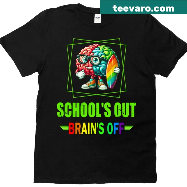 Funny brain holding a surfboard on a T-shirt
