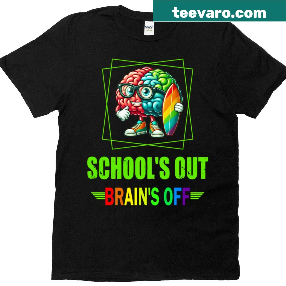 Funny brain holding a surfboard on a T-shirt — on a men's t-shirt