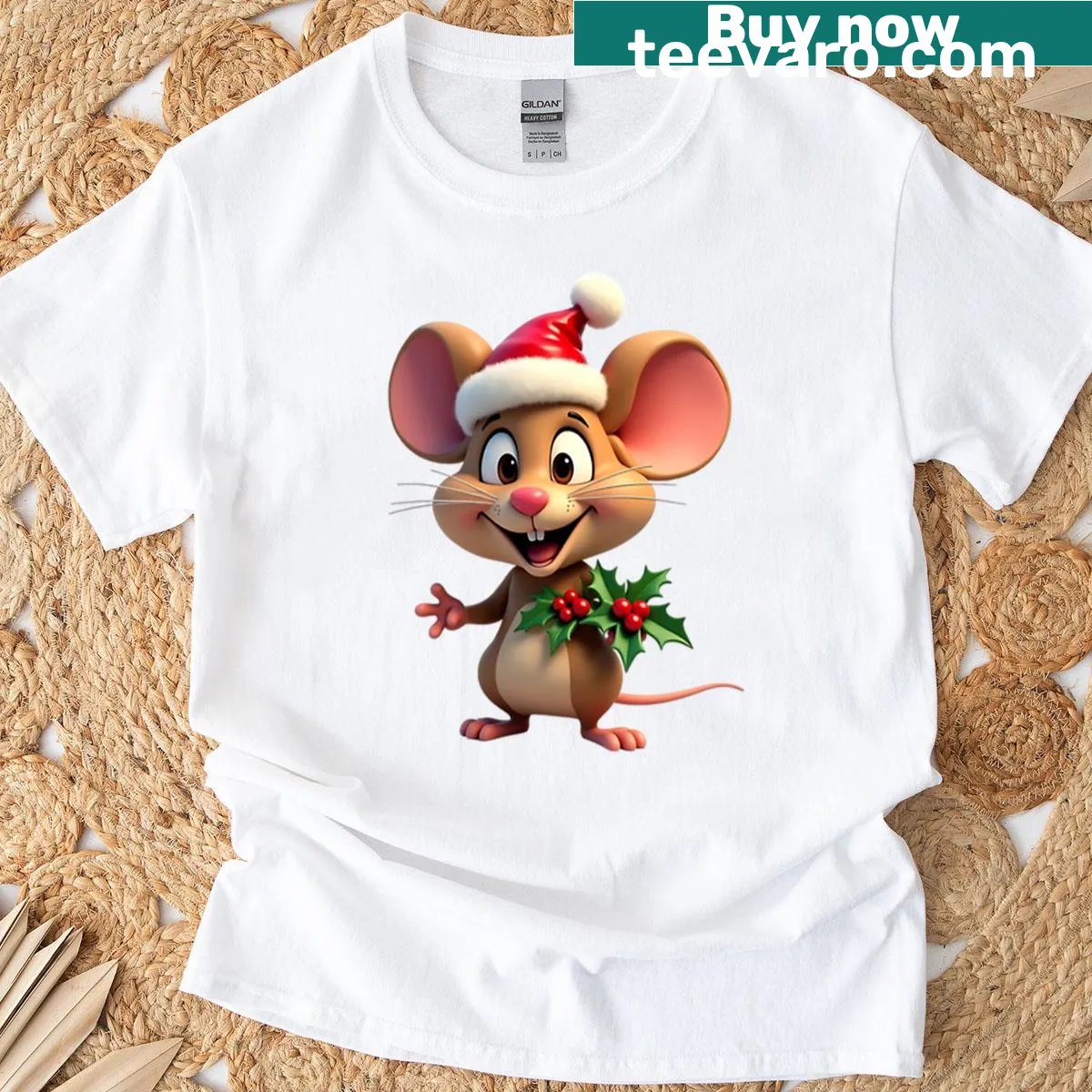 Cute Santa cartoon mouse t-shirt with playful holiday design — on a men's t-shirt