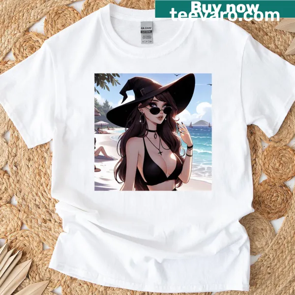 Beach witch graphic on an oversized t-shirt