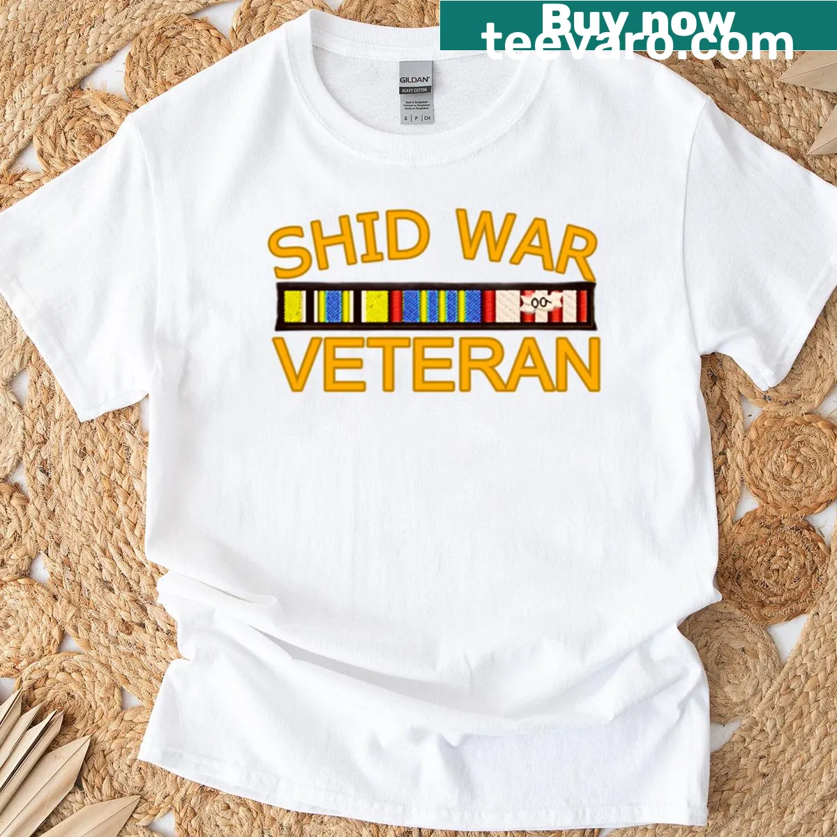 Bold 'Shid War Vet' text on an oversized t-shirt — on a men's t-shirt