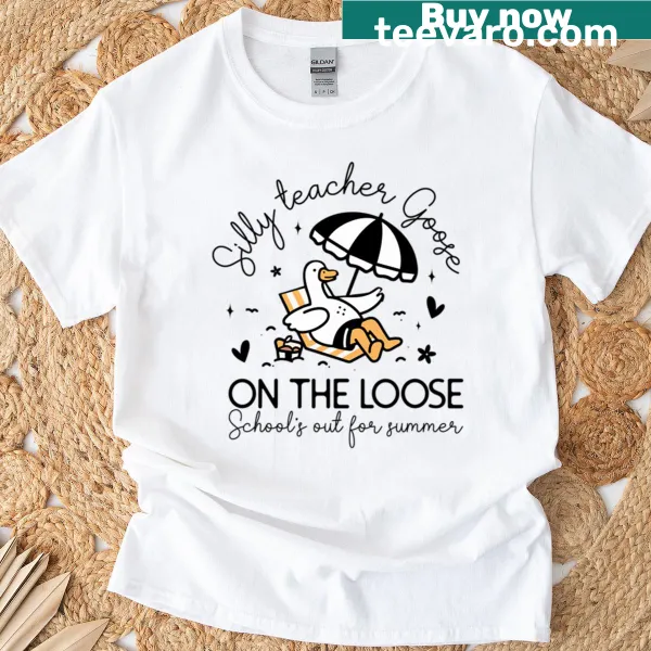 Cartoon goose design with 'Silly Teacher' theme on a t-shirt