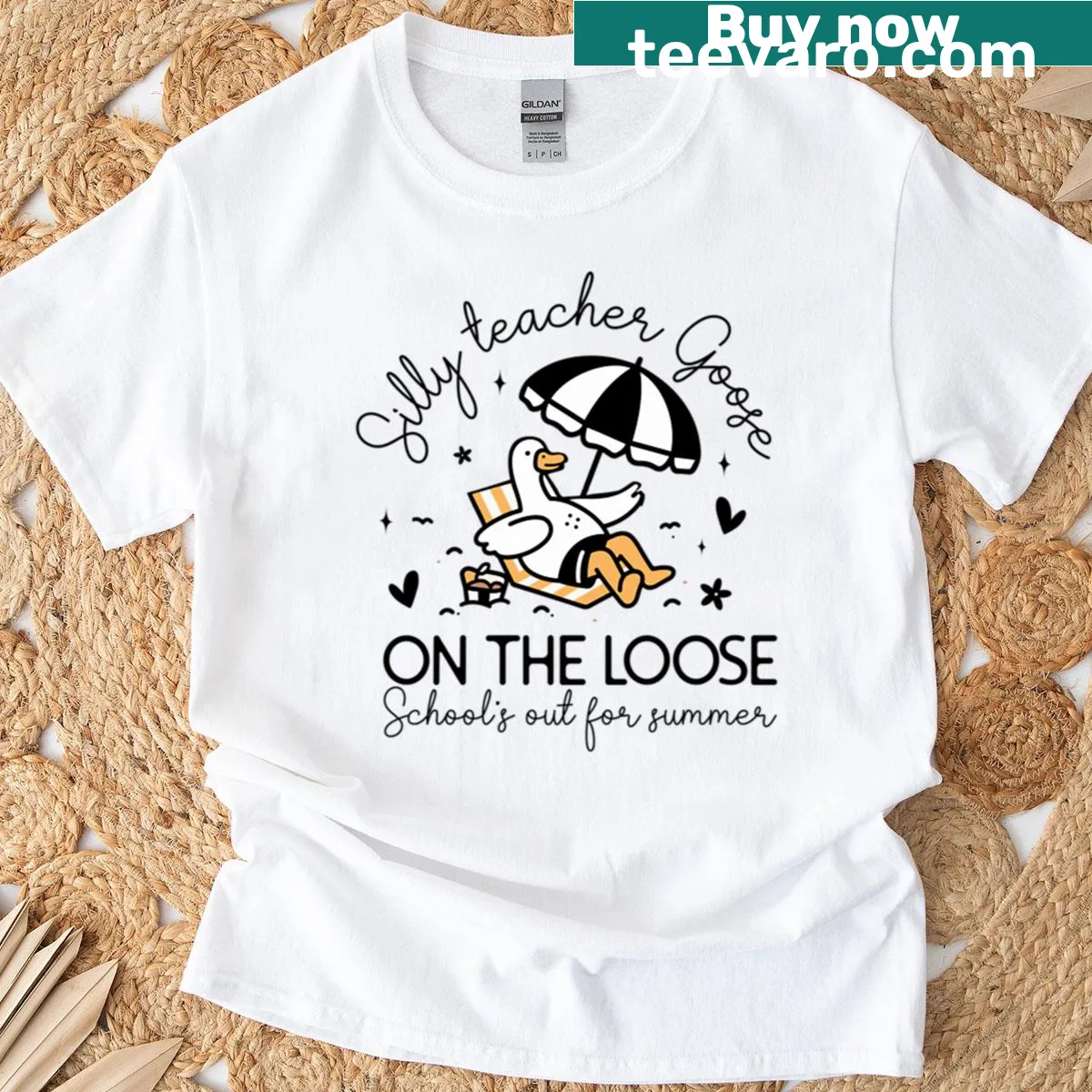Cartoon goose design with 'Silly Teacher' theme on a t-shirt — on a men's t-shirt