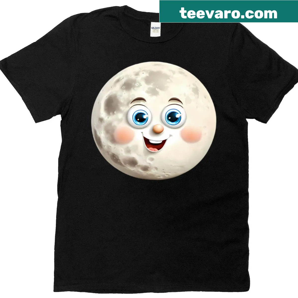 Oversized T-shirt featuring a smiling full moon cartoon face illustration — on a men's t-shirt